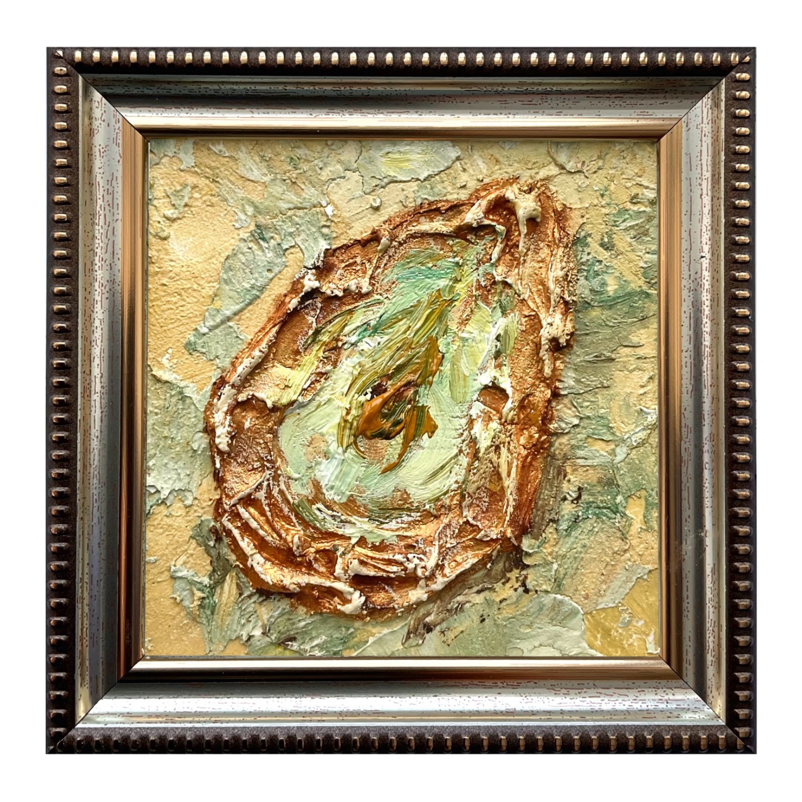Oyster4 Original Painting Mixed Media Impasto Texture Framed Wall Art 4x4in
