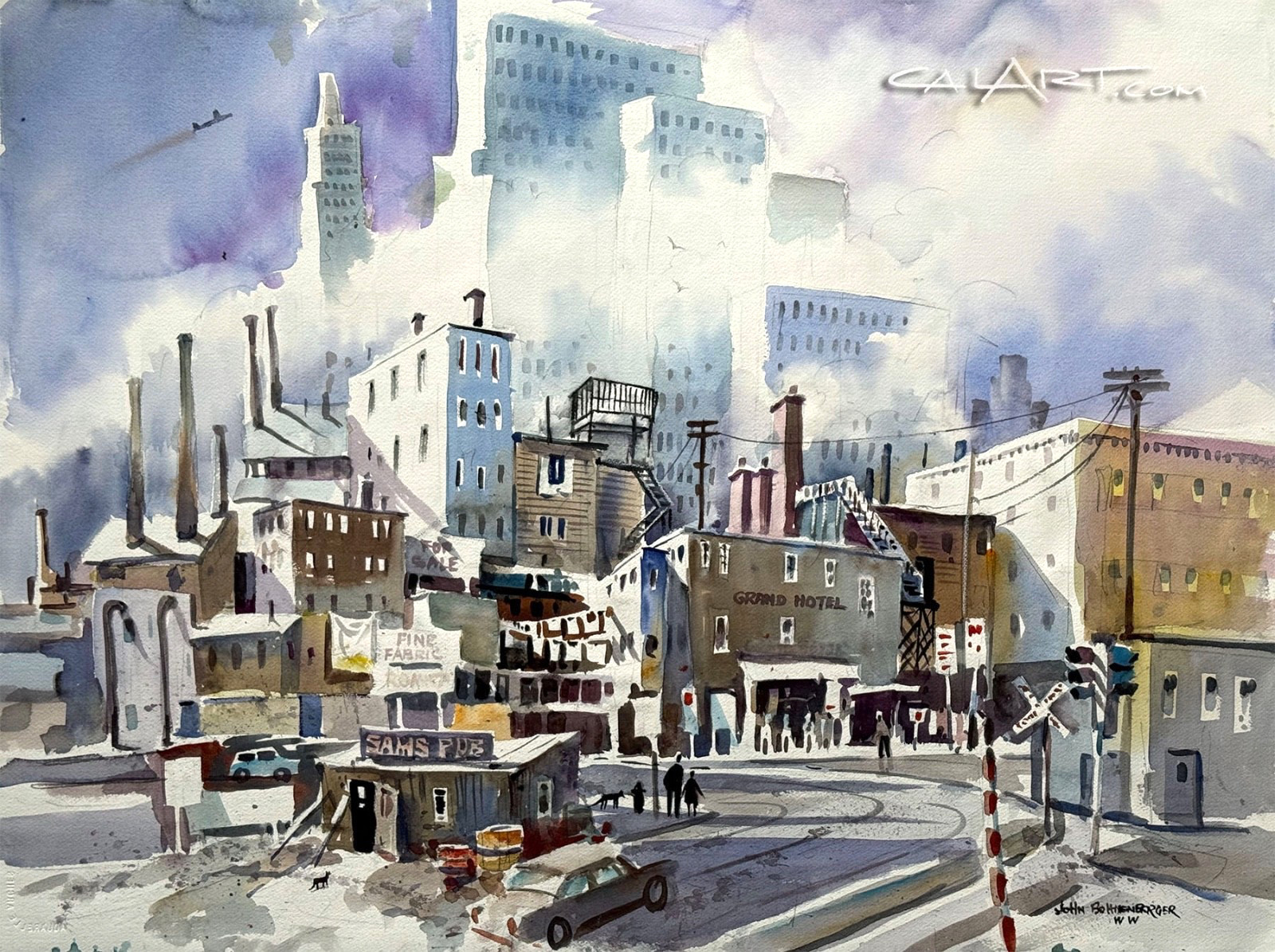 1960s Regionalist Painting of DOWNTOWN LOS ANGELES – GRAND HOTEL and CITY HALL