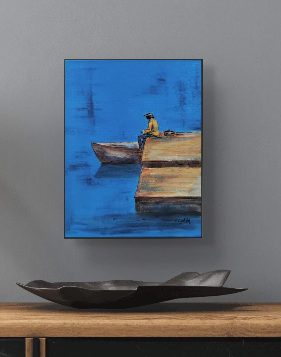 Original Expressionism 8 x 10 Man Fishing Acrylic Art Canvas Wall Painting