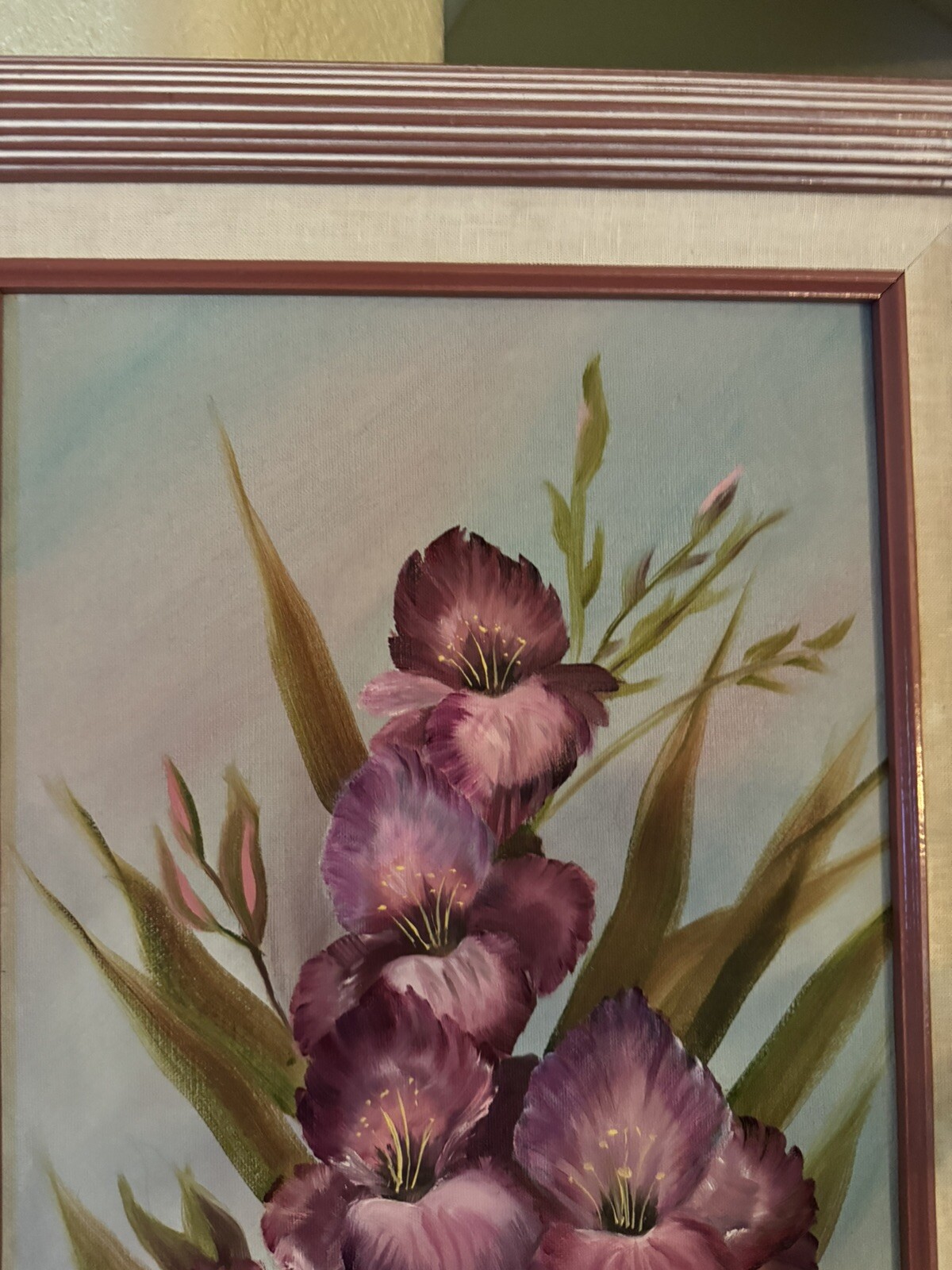 Evelyn Mull of Idaho 1991 Oil Painting GLADIOLUS in Purple Framed 29×17 inch