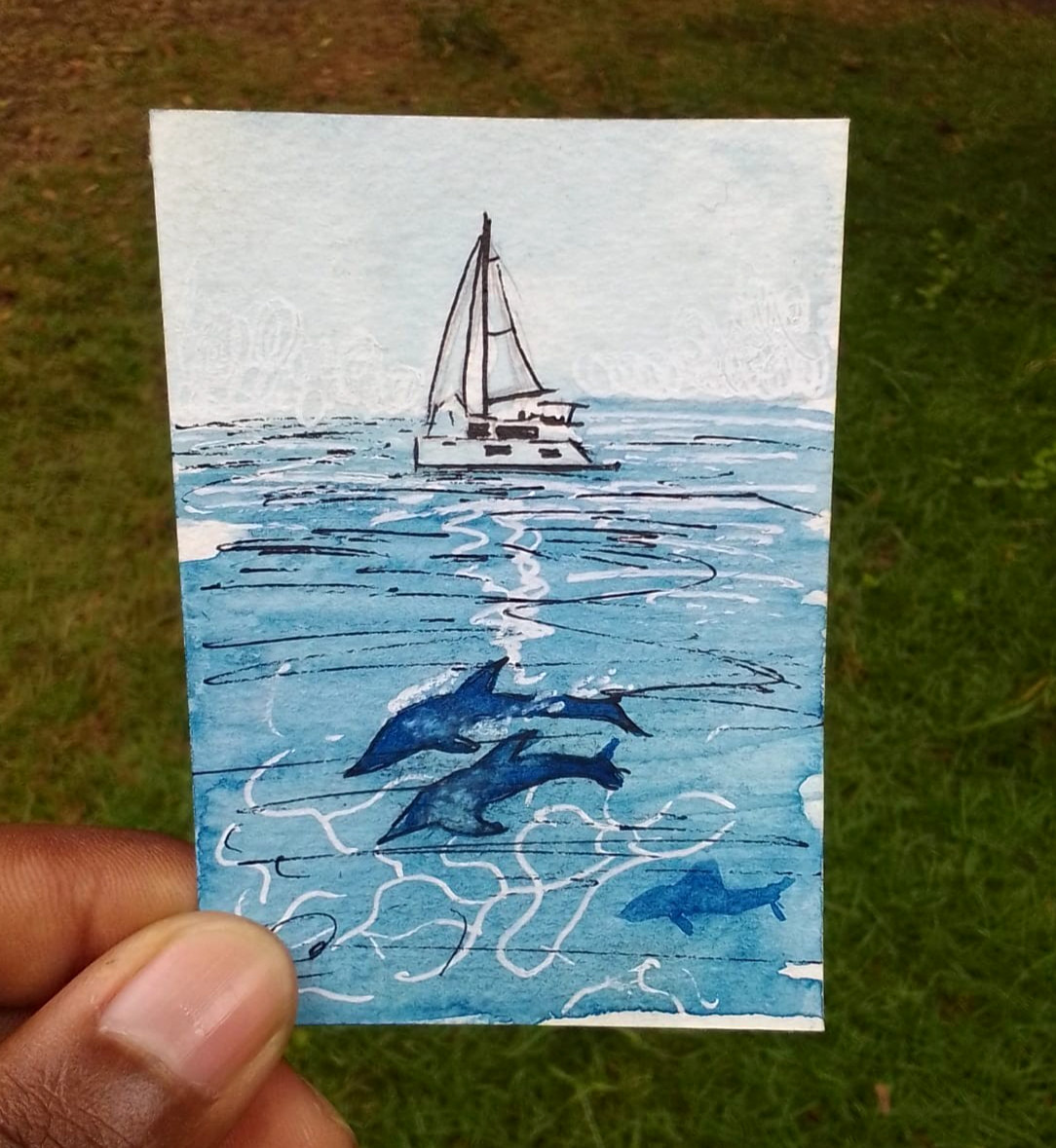 ACEO Original Watercolor Painting Sailboat Dolphins Ocean Marine Life Art OOAK