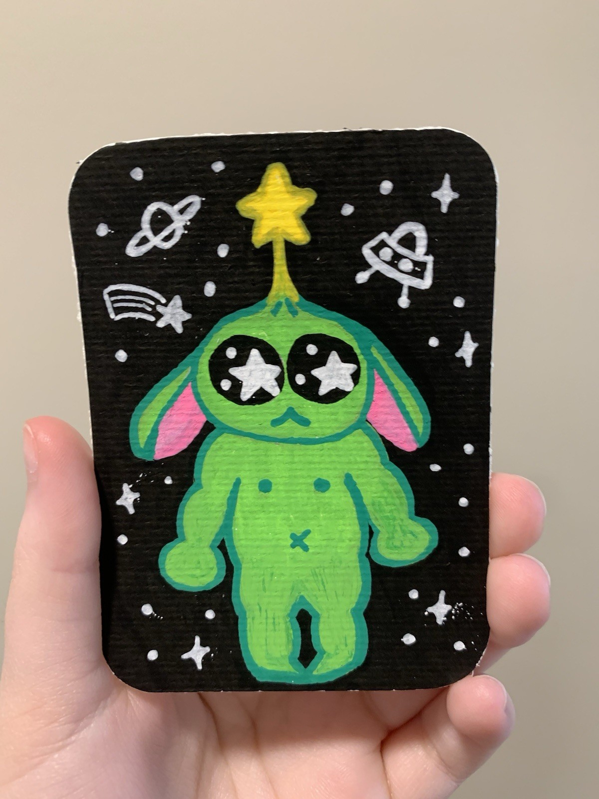 ACEO original, fun alien cartoon, 2.5 x 3.5 in acrylic painting