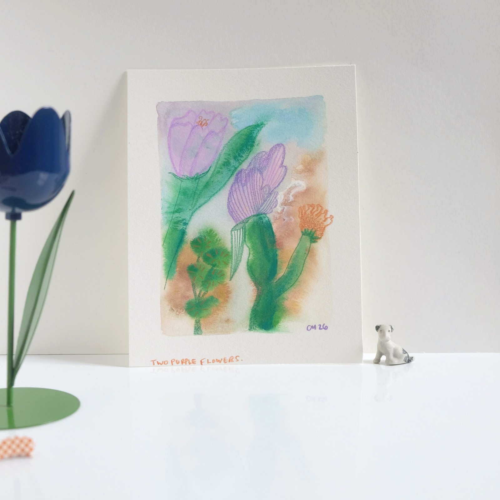 Two Purple Flowers Floral Woodland Ethereal Dreamy Art 100% Cotton Paper 5×7″