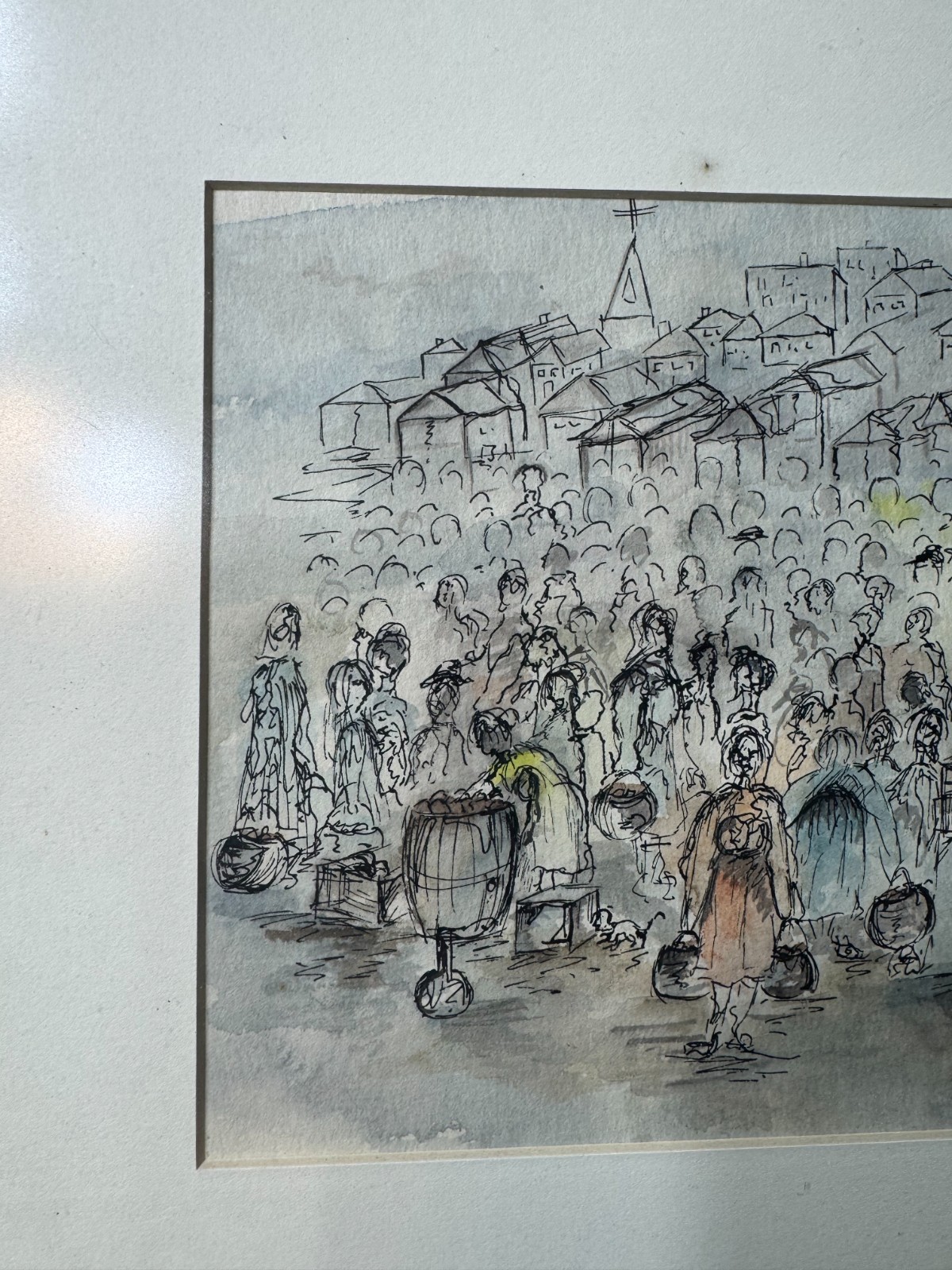 Jennifer Myerberg «Many Figures Scene» Pen, Ink And Watercolor Painting – Framed