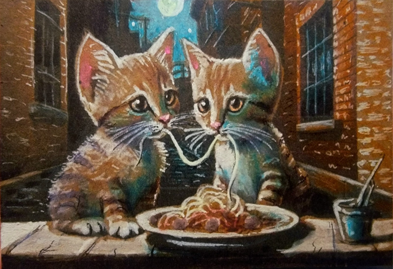 ACEO Jacob Landis Kitty Tabby Cat ORIGINAL Art Print # /25 «Supper For Three»