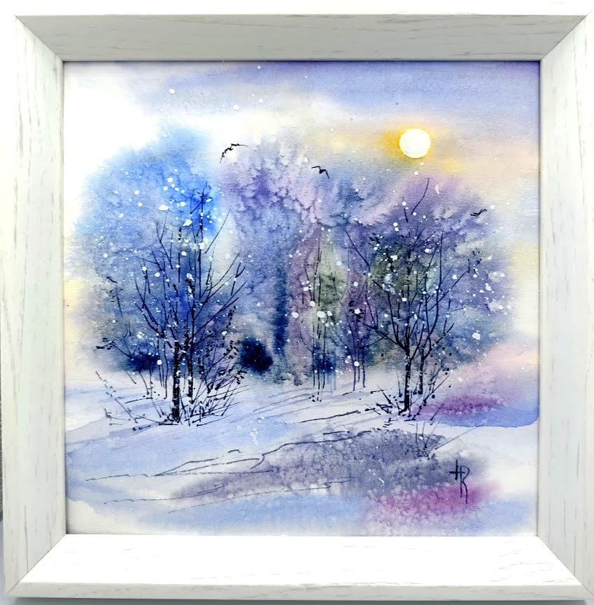 New Year Watercolor Original Painting Abstract Winter Landscape 7x7in Framed