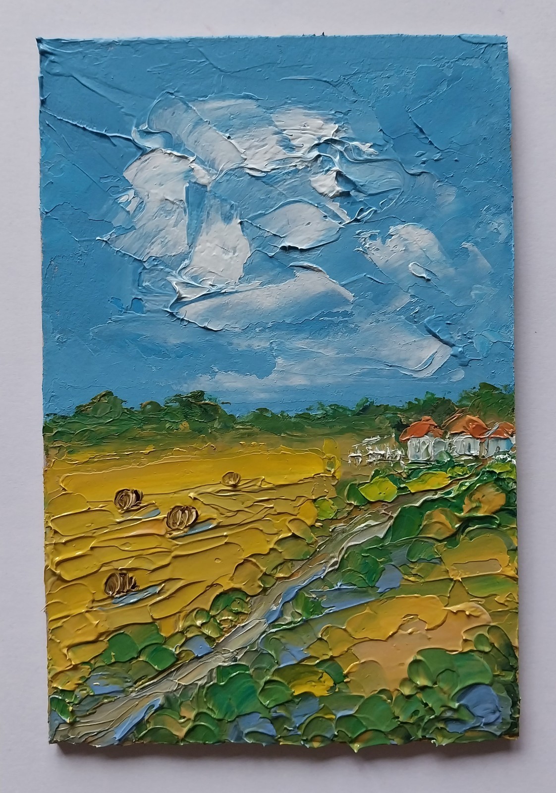 Framed Countryside Farmhouse Landscape Hay Bales Field 4×6 Original Oil Painting