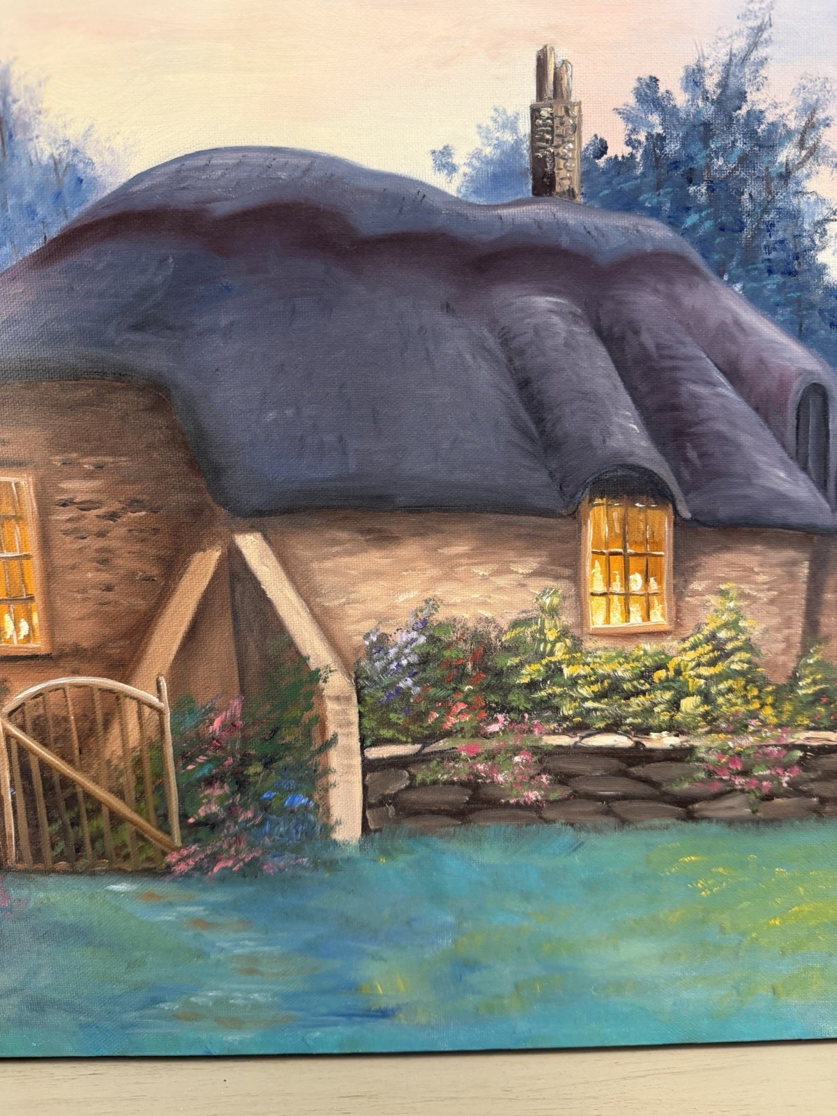Original Oil Painting Cozy English Cottage & Garden Landscape 16×20” Canvas Art