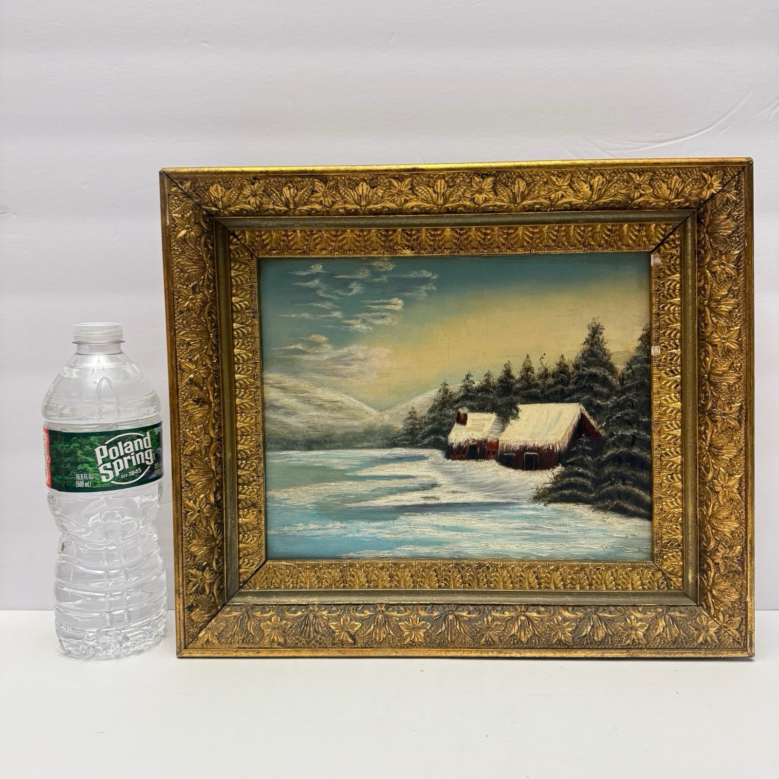Vintage Original Winter Scene Landscape Red Cabin Painting Framed 8×10 in.