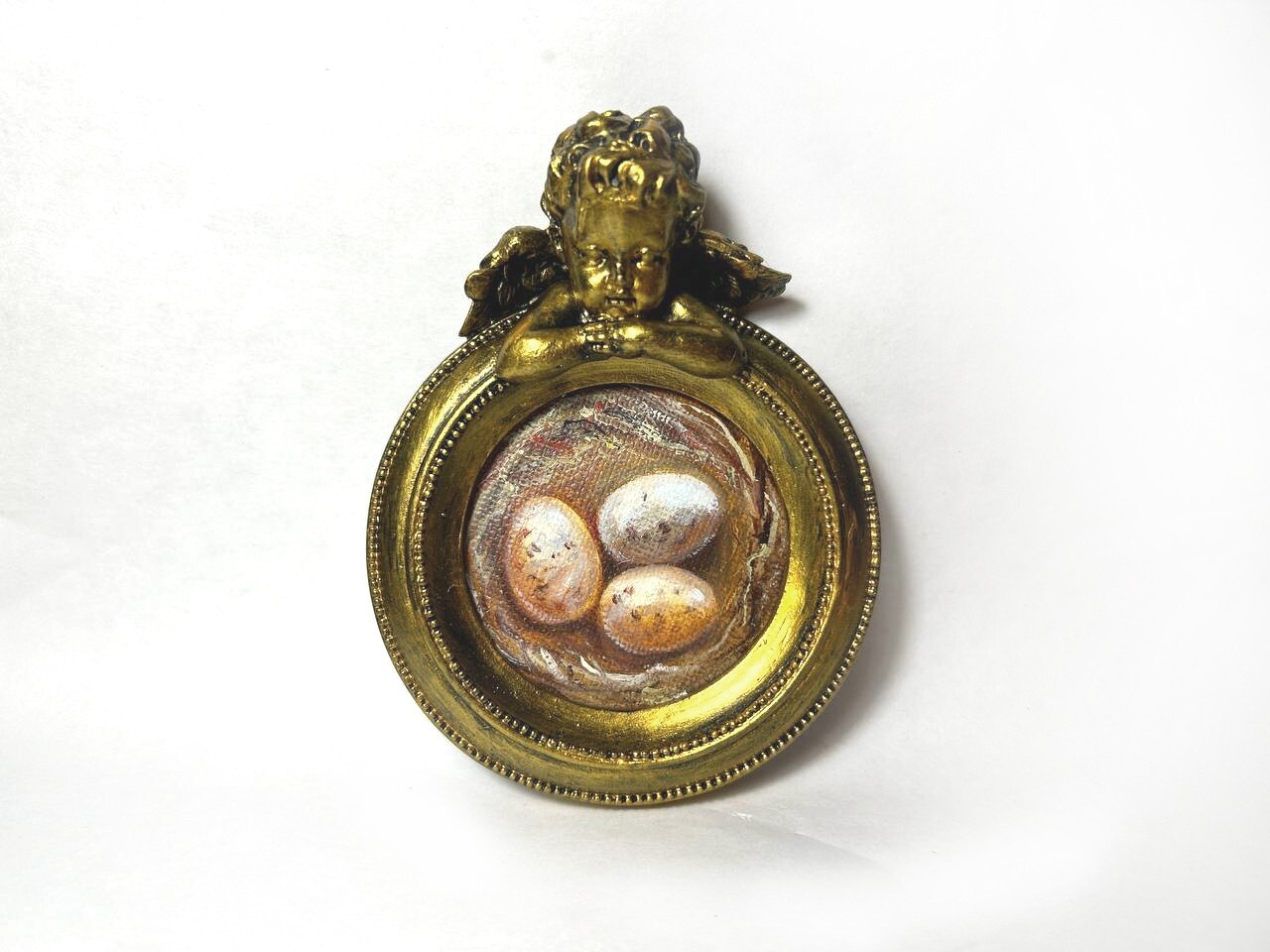 Angel Easter decor Original nest Painting Gold Round Antique Framed Victorian