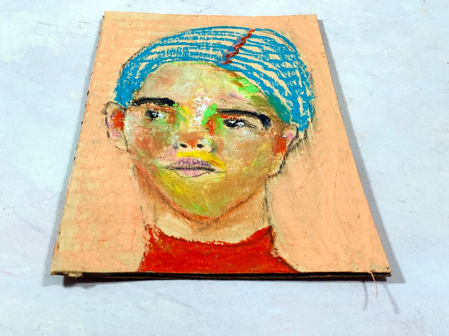 Woman Portrait Painting 4×6 Naive Original Affordable Expressive Teal Wall Art