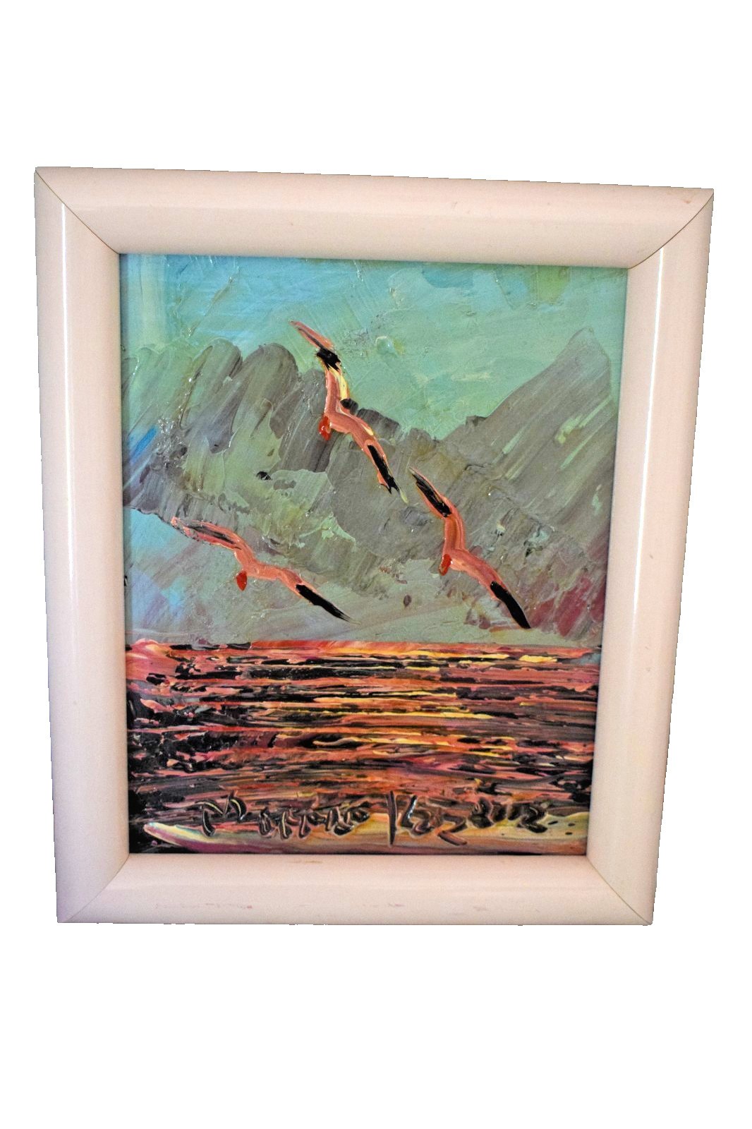 Morris Katz Oil Painting Seascape Birds Sunset Impasto Signed Framed 12″x10″