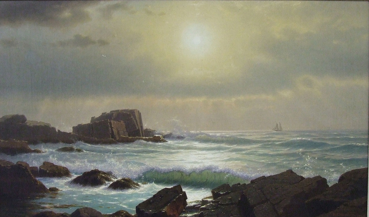 Oil painting landscape Castle rocks at Nahant Massachusetts seascape with waves
