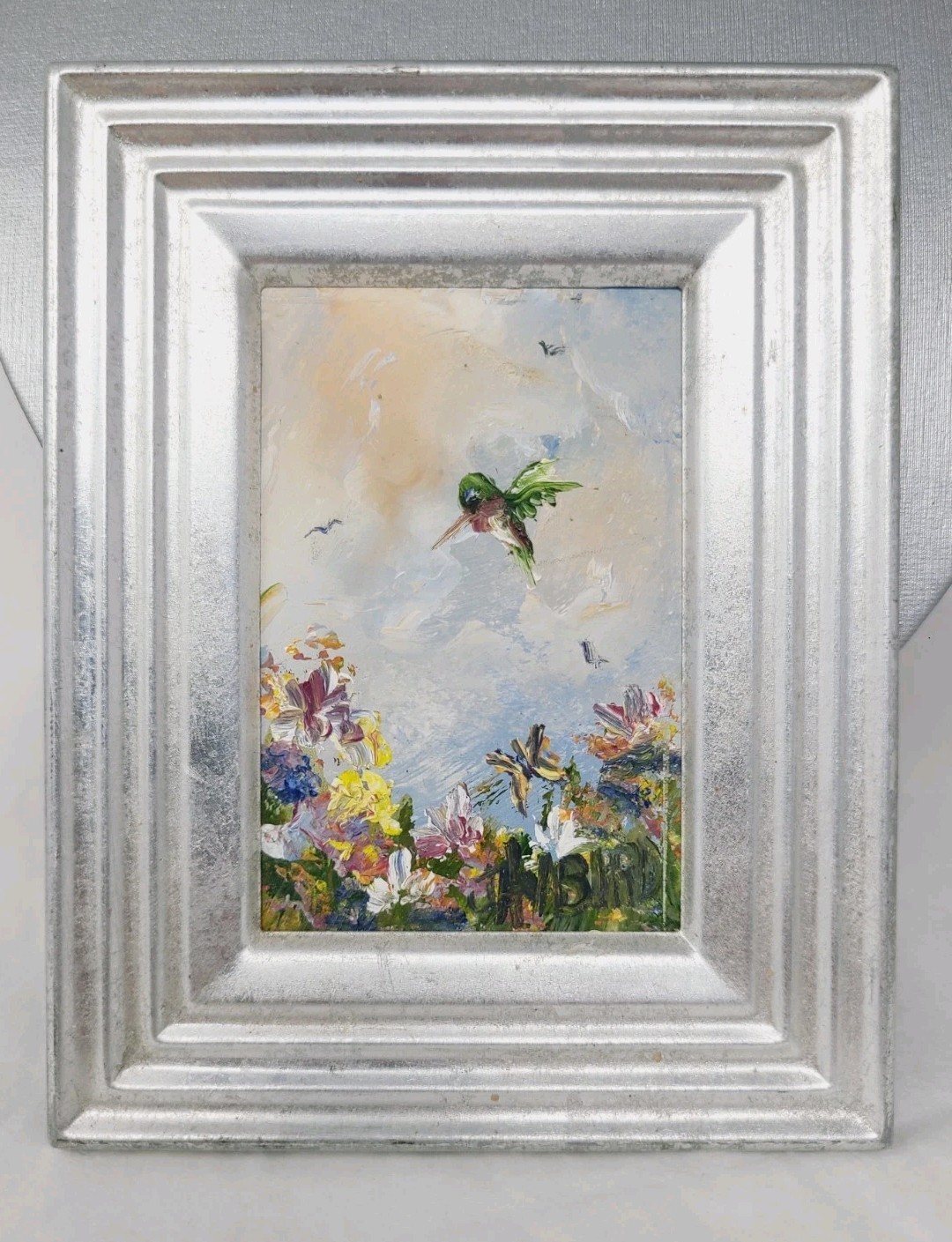 Vintage Original Framed Hummingbird Flowers Oil Painting Signed Jay Bird 4 5/8″
