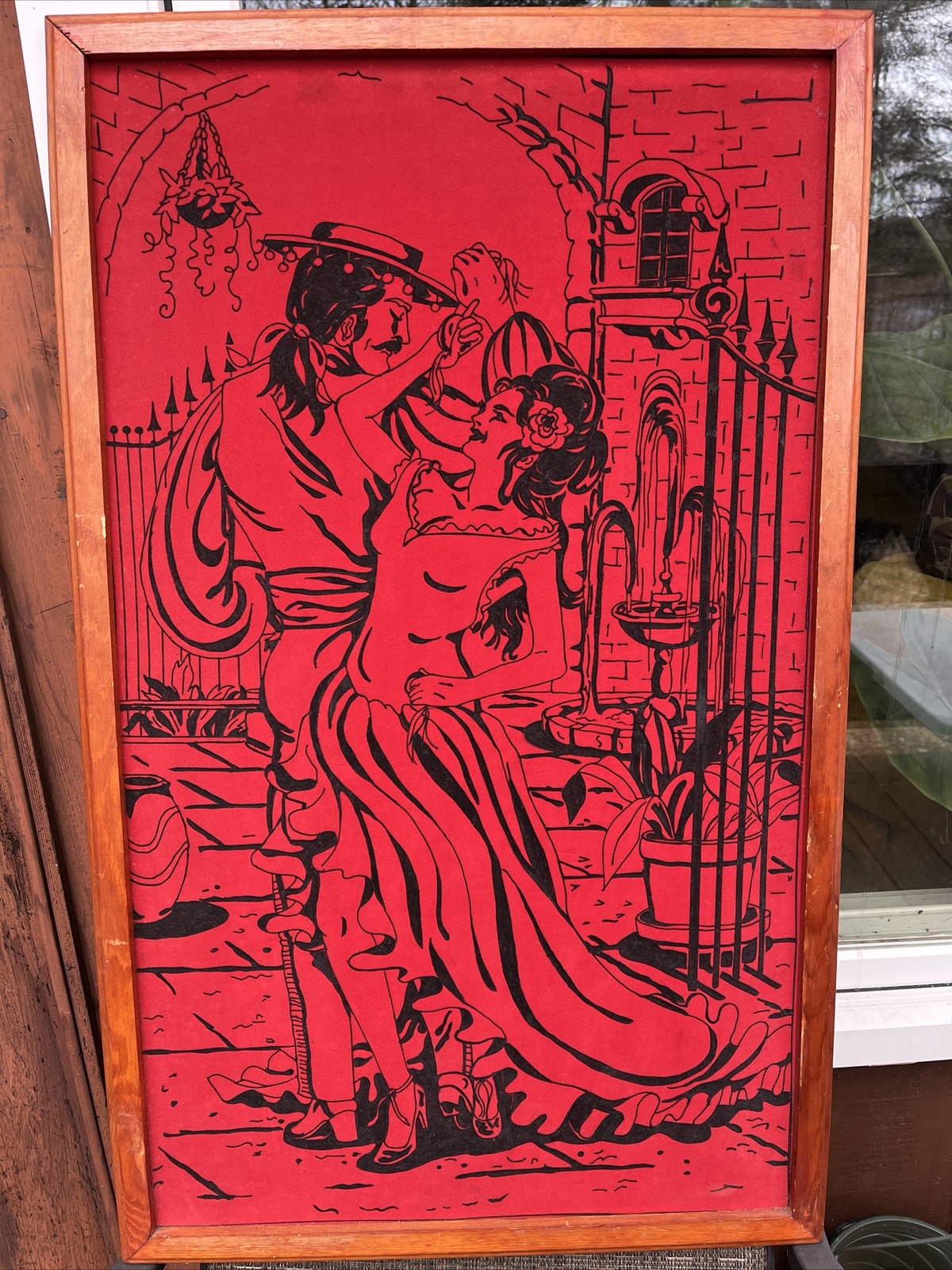 Vtg. 70’s Red Velvet Flamenco Salsa Dancers Framed Painting Spanish 35.5”x21.5”