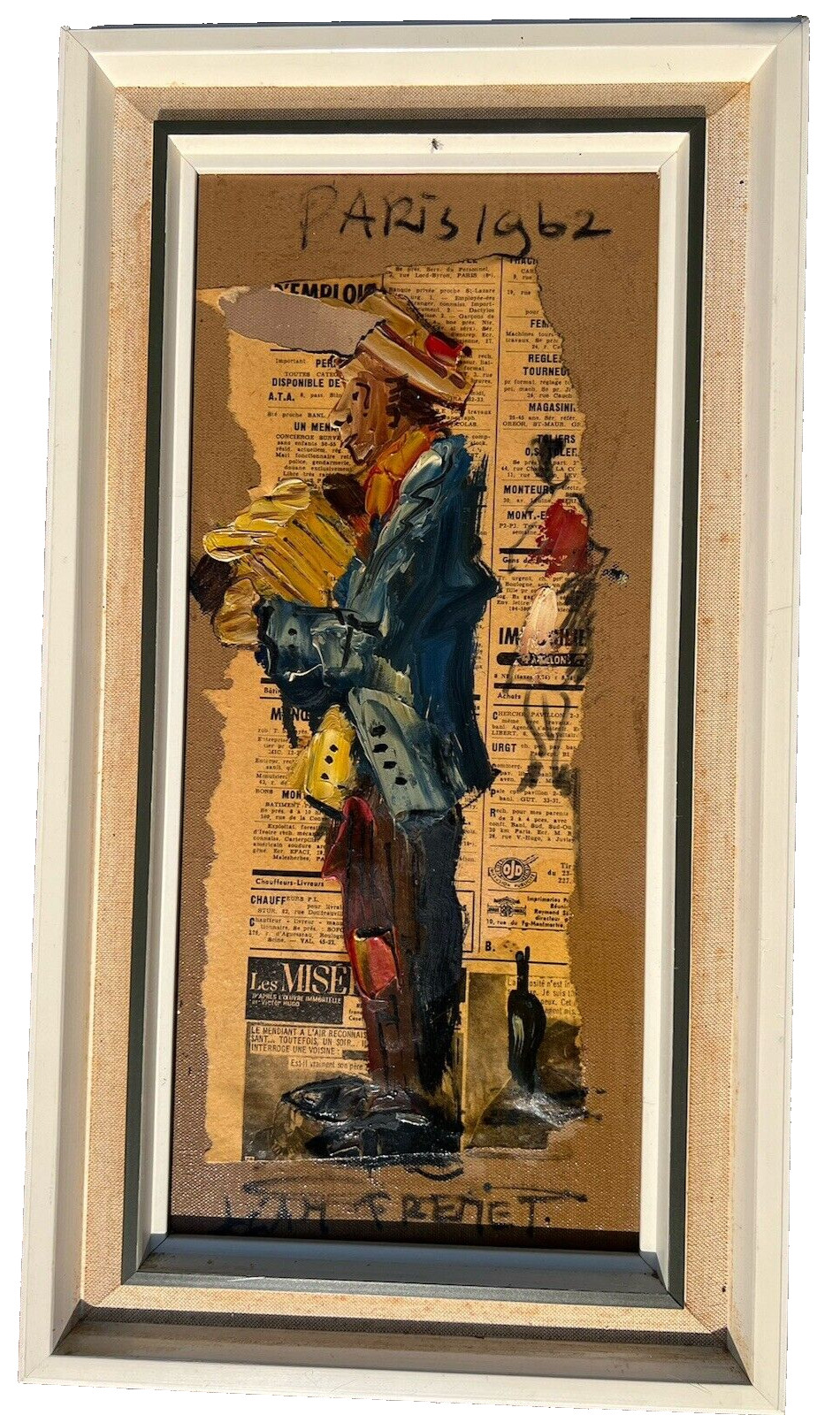 VTG 1962 Paris Jean Trenet Musician Figure Art Mix Media Oil Collage Canvas 19″