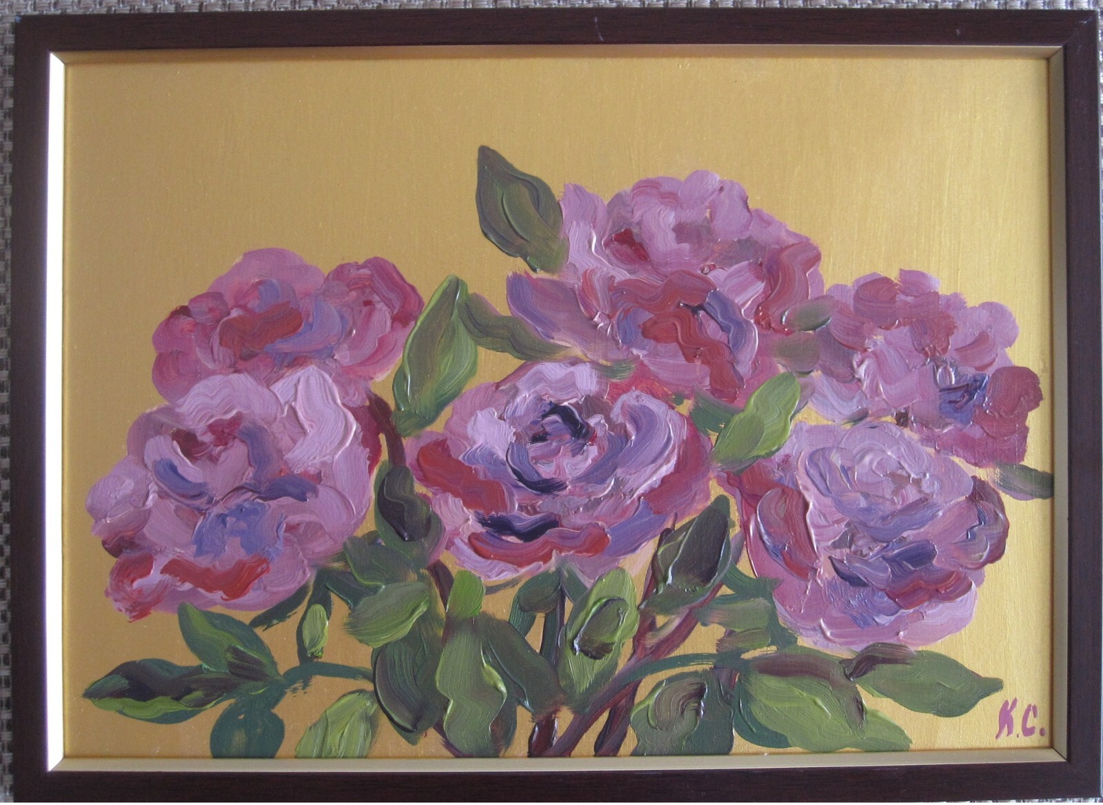 roses original oil painting, bouquet of pink roses art, flower painting in frame