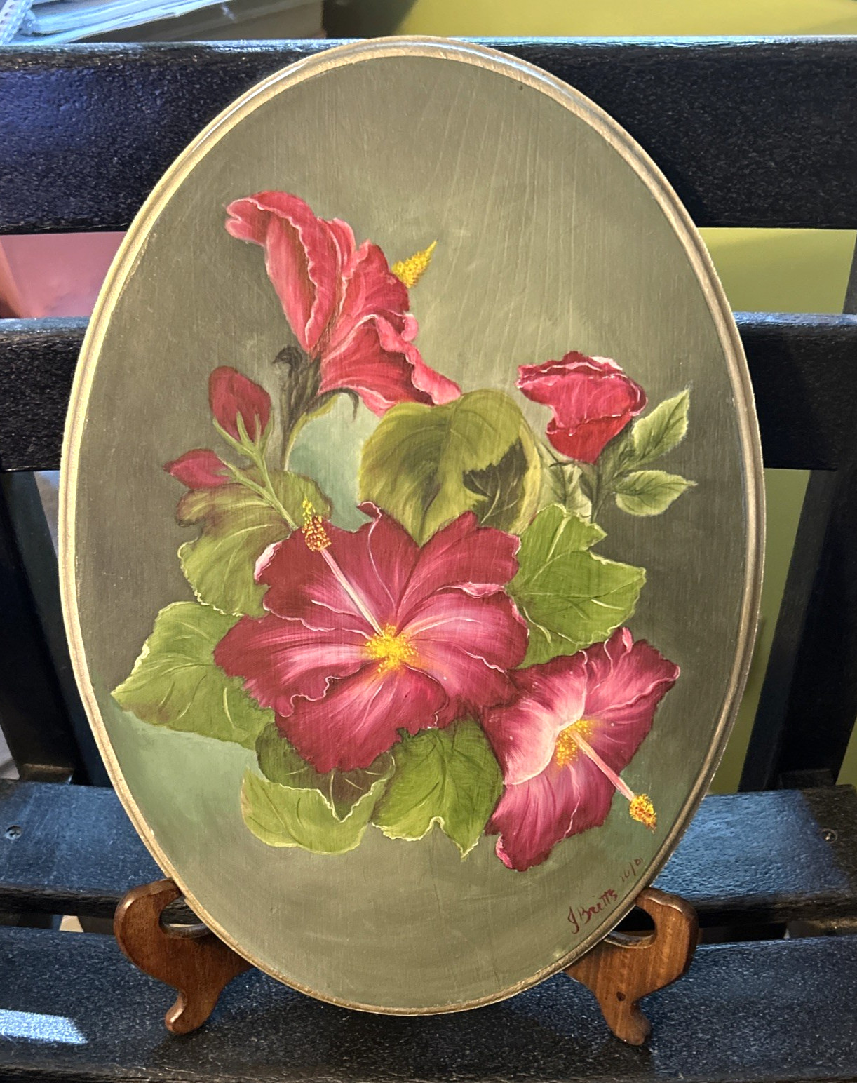 Original Acrylic/Oil painting on Oval board Colorful Floral Artist Signed 11×15″