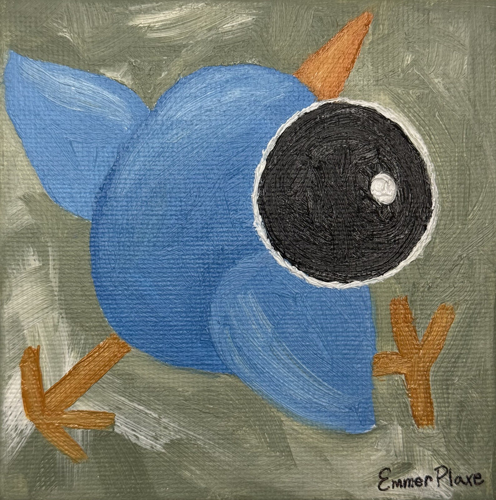 Original Oil Painting, Funky Blue Bird Modern Art, Small 4×4 Inch Canvas Panel