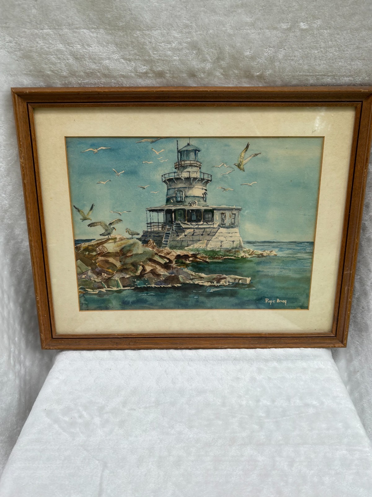 Original Signed Watercolor Barnegat Lighthouse Framed Painting Coastal Seascape