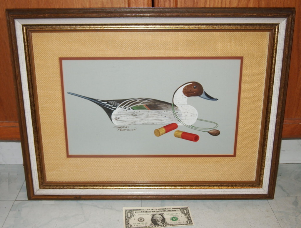Sherm Pehrson Decoy Duck & red gun shells Watercolor Custom Framed Hunting Theme