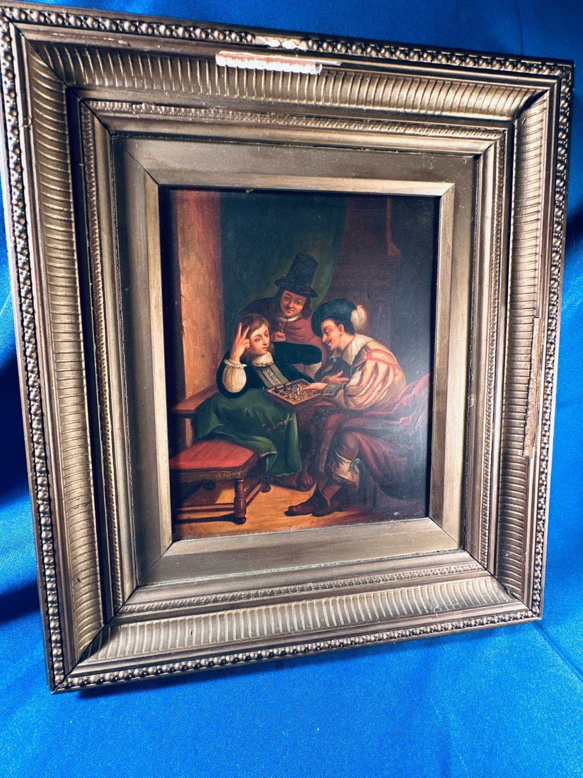 19th C. Dutch oil on copper painting chess players antique
