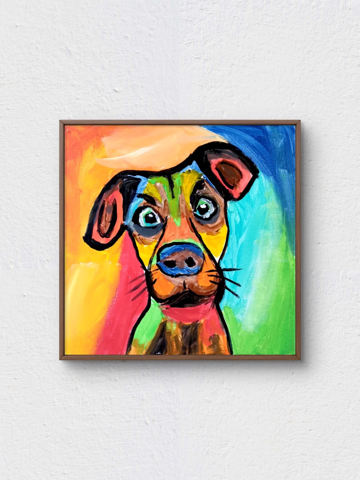 Original Vibrant Abstract Expressionist Dog Painting 12×12 Canvas Signed Art