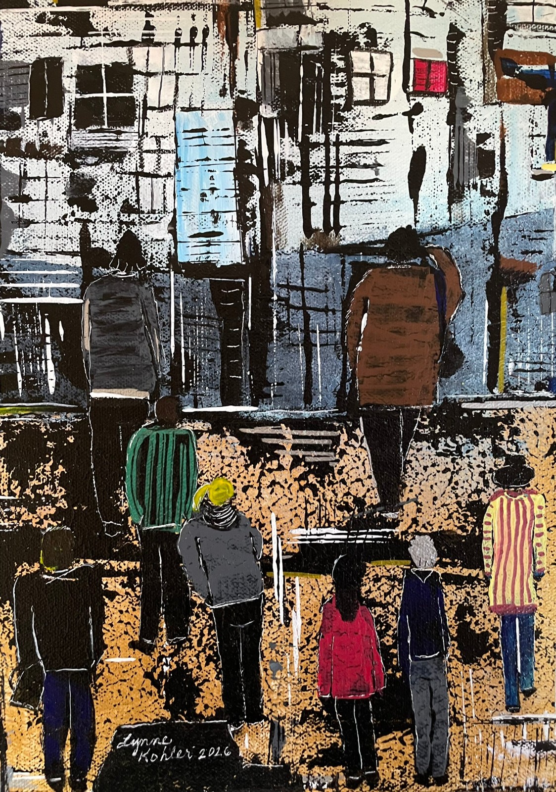 Original people figures Buildings 12×16″ painting CANVAS by Lynne Kohler