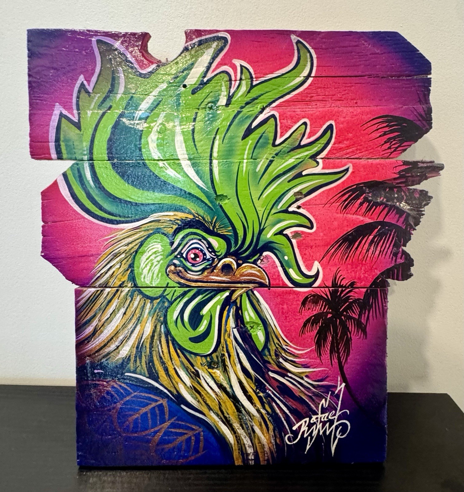 Rafael Original Key West Rooster Folk Art Painting On Raw Wood Signed