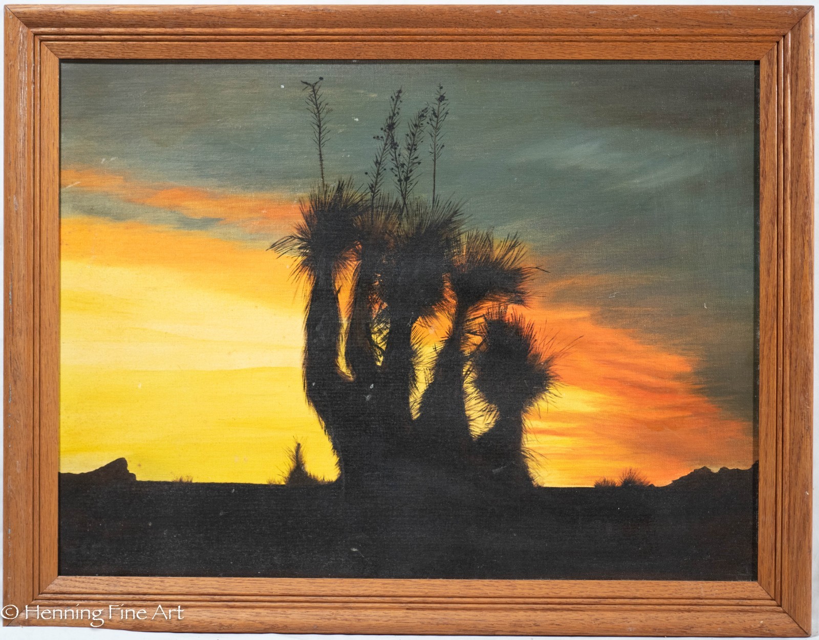 Stunning Vintage Oil Painting Desert Sunset Soaptree Yucca Silhouette 21×27″