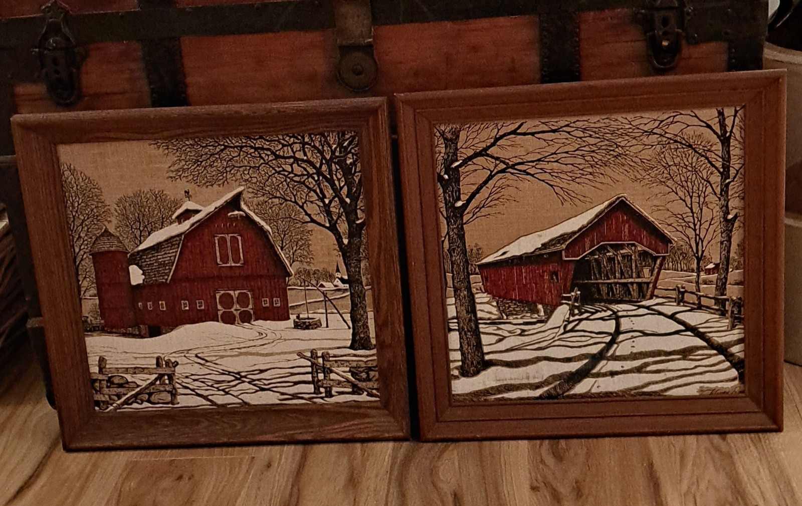 2 Vtg Kay Dee Red Barn & Silo & Covered Bridge Winter Scene Linen Print Framed
