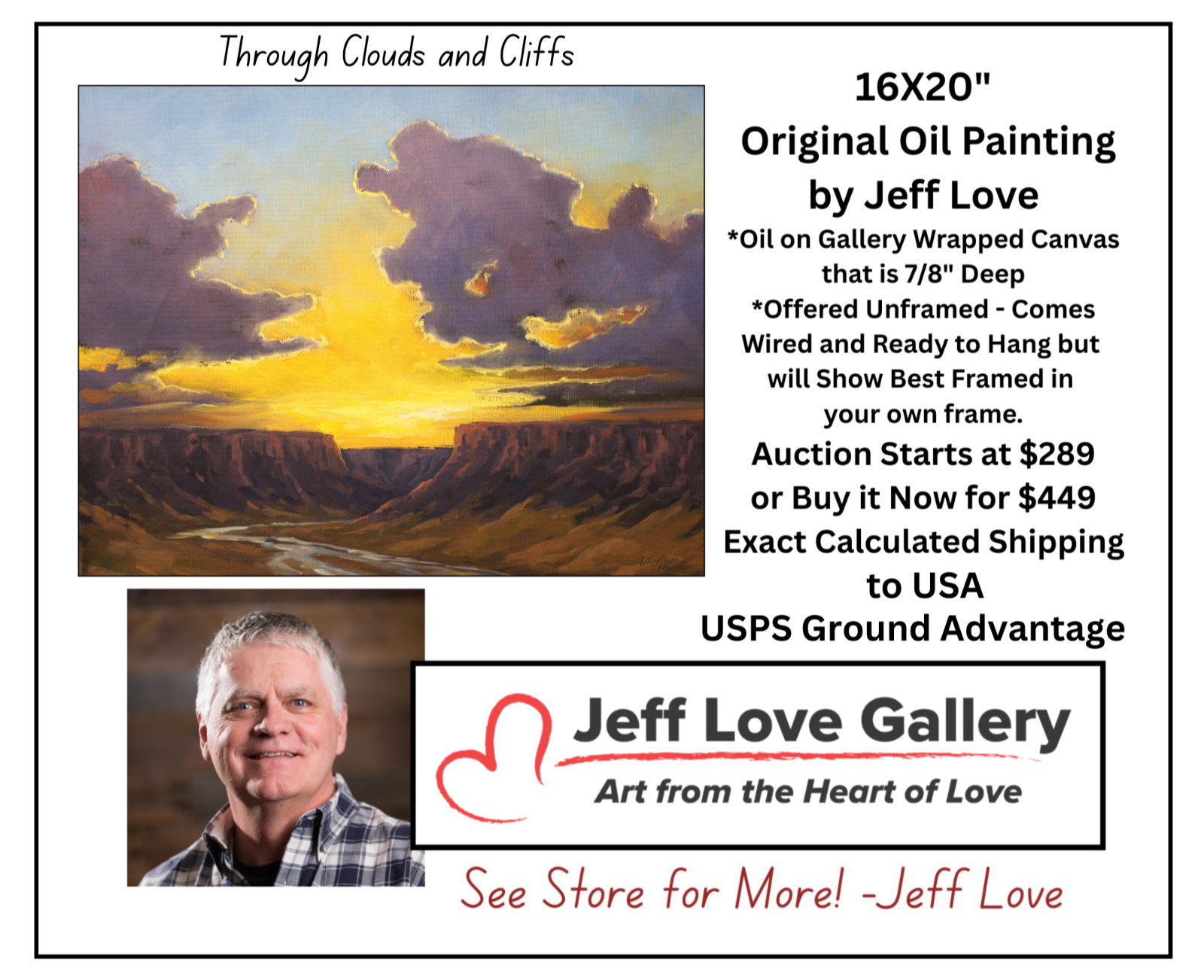 Jeff Love Art 16X20″ Original Oil Painting Canyon Cliff Bright Sunset River Sky