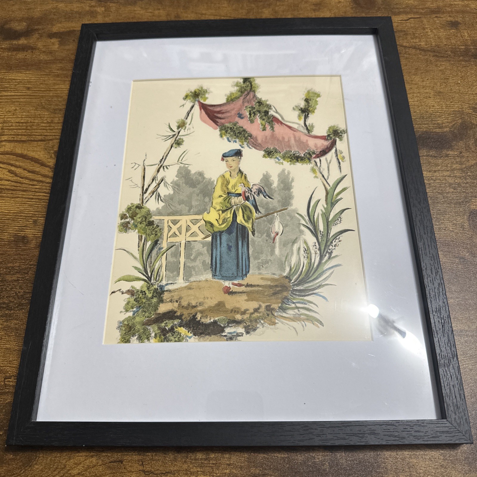 asian print woman in garden hand colored 1938 12×14 framed thin plexiglass