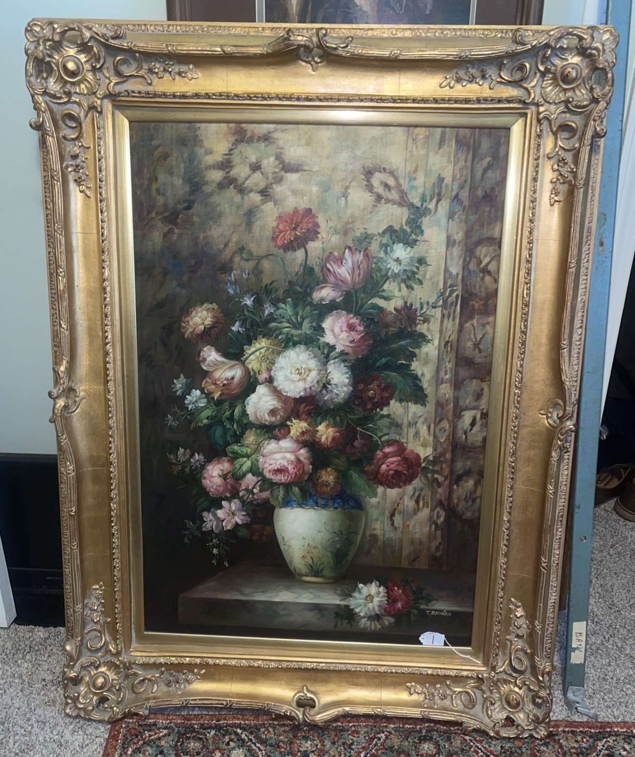 Vintage Estate Original Oil Floral Still Life Painting Signed T. Brinks 47x35x4