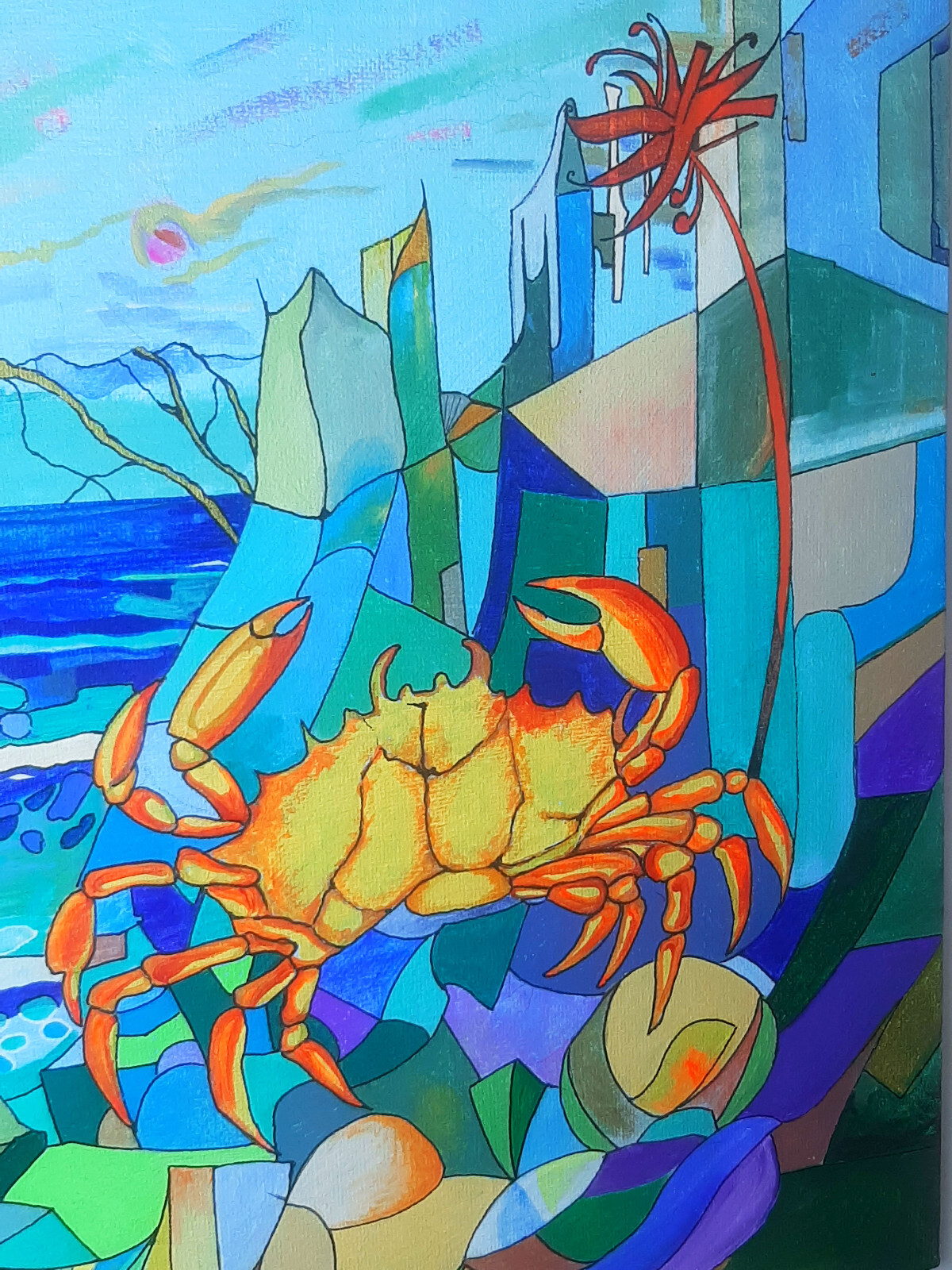 Crab Serenade, handmade original acrylic painting abstract canvas board unframed