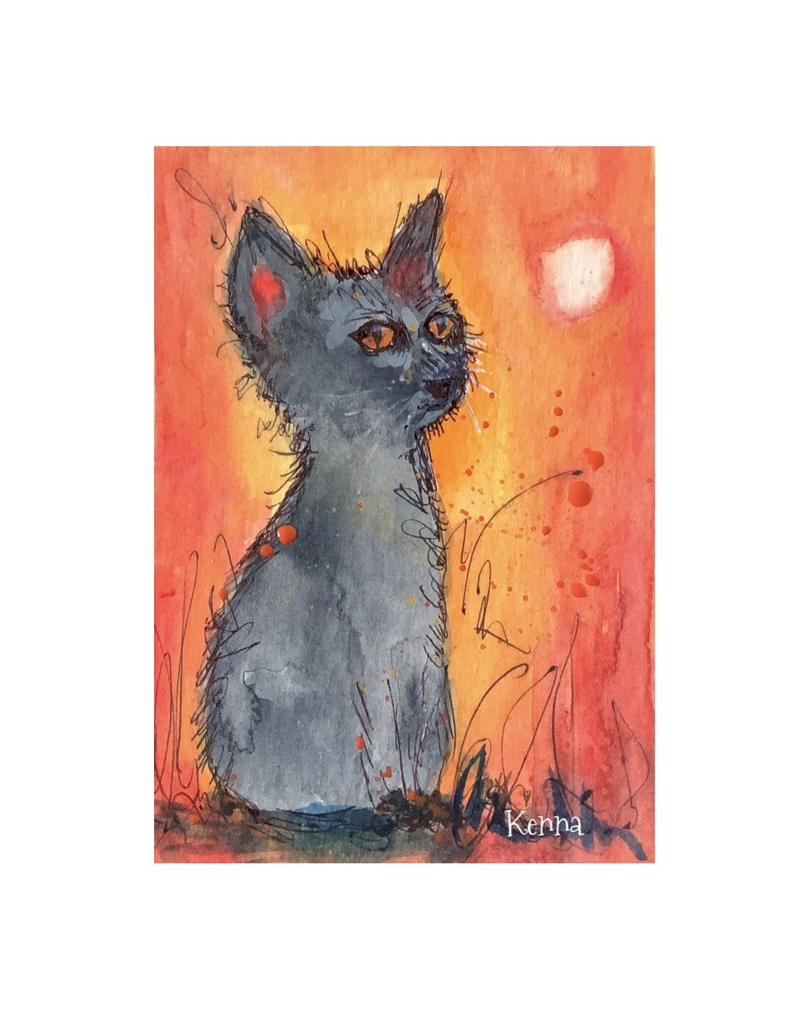 Aceo Painting By Kenna Black Cat In Moonlight Watercolour Art Card 2.5” X 3.5”