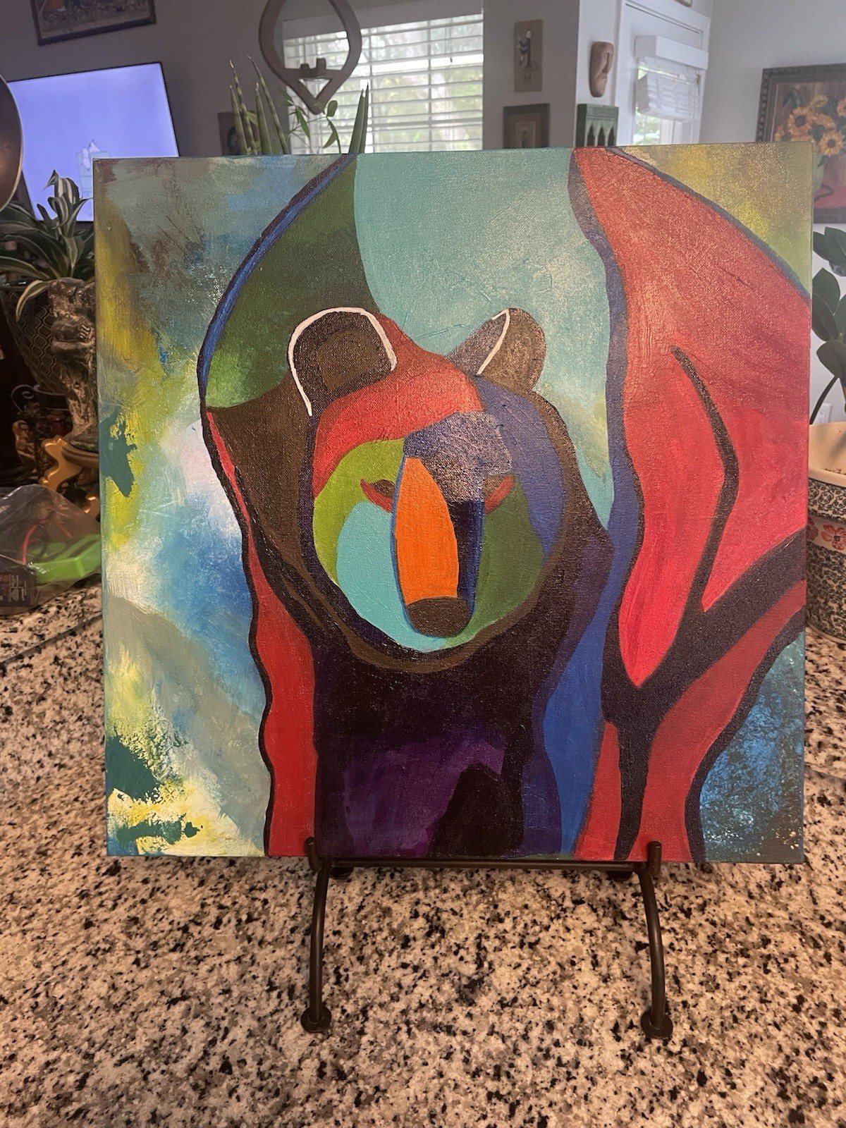 20” By 20” Original Acrylic Painting Abstract Bear Multicolor Maximalist Canvas