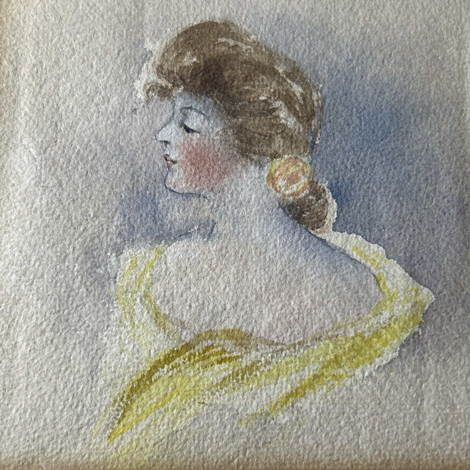 Antique Original Watercolor Painting Portrait of Victorian Lady 10 x 10 Square