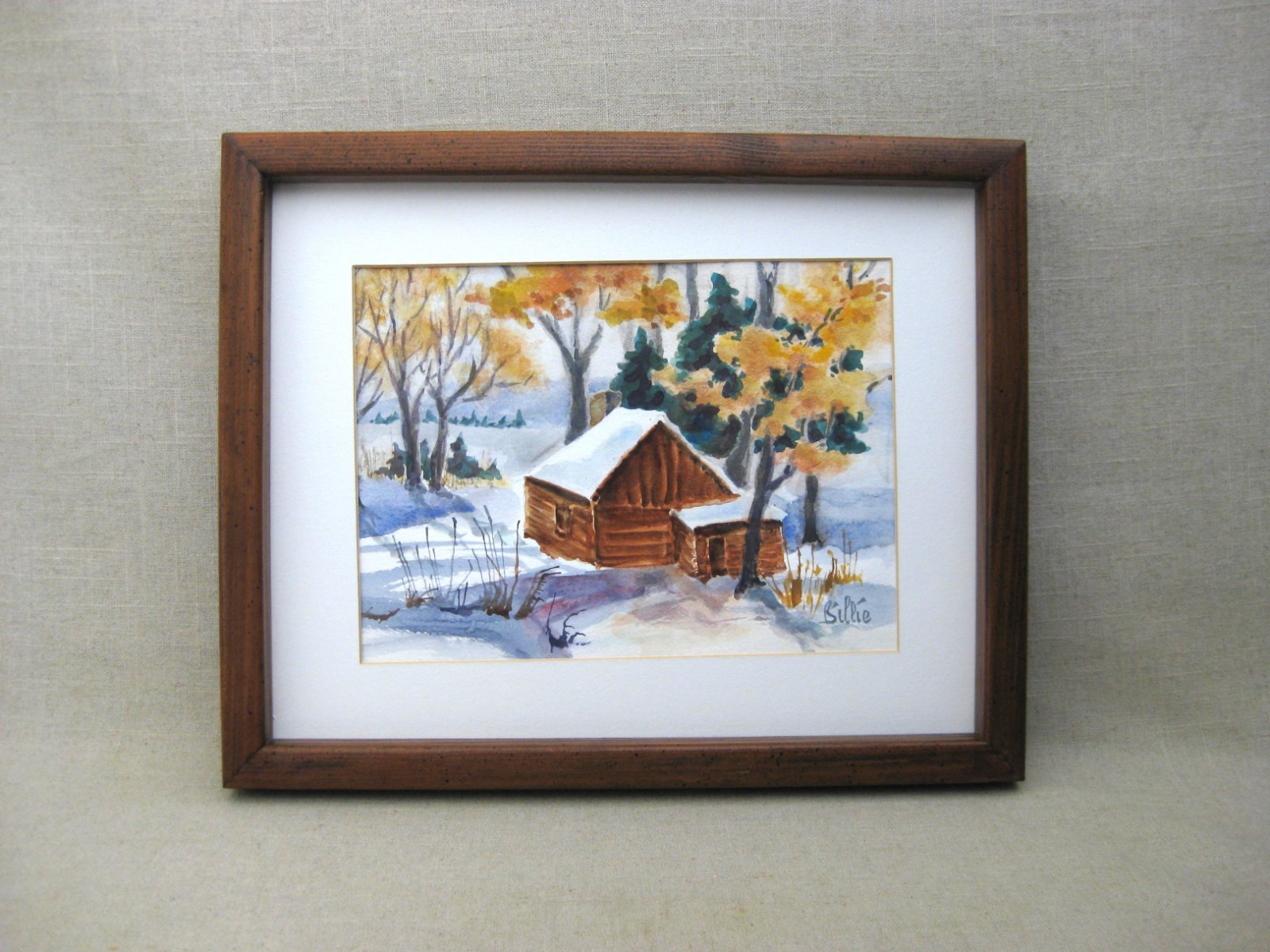 Vintage House Portrait Watercolor Painting Cabin in Woods Landscape, Billie Hout