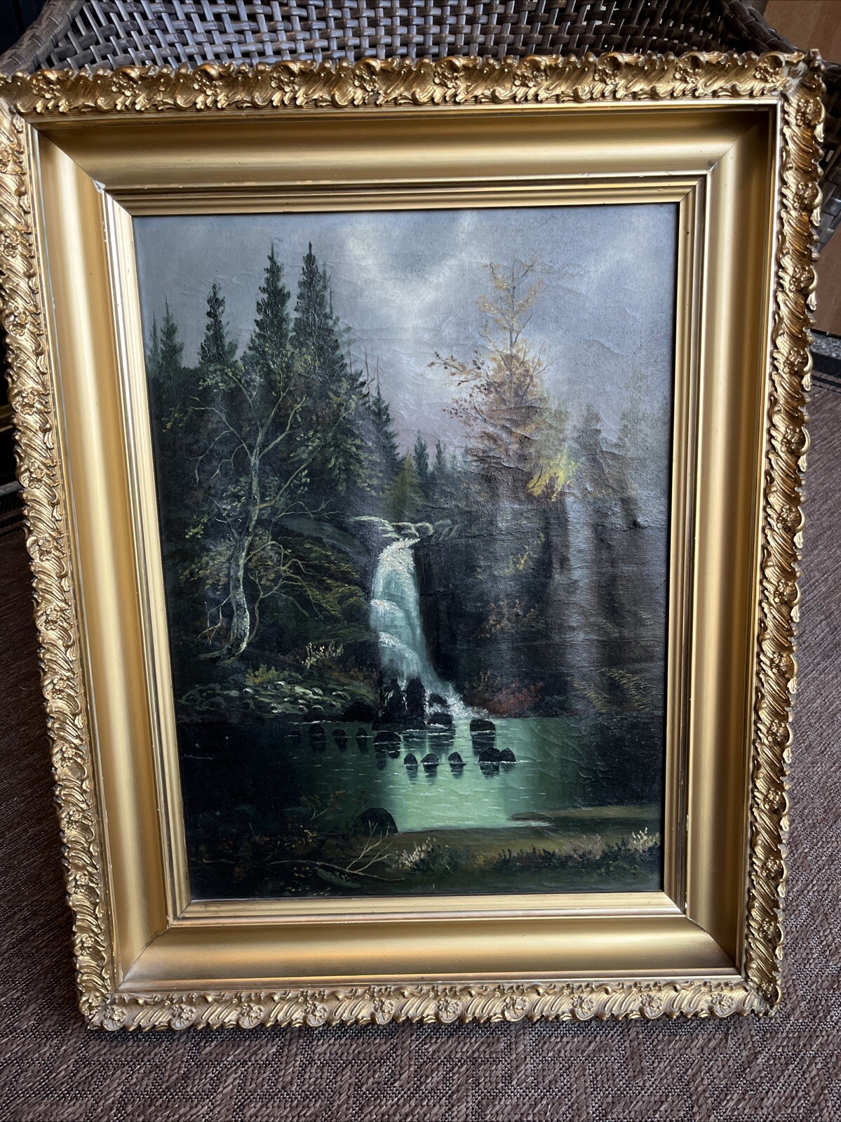 19th Century Beautiful Landscape Waterfall Oil Painting On Canvas Unsigned