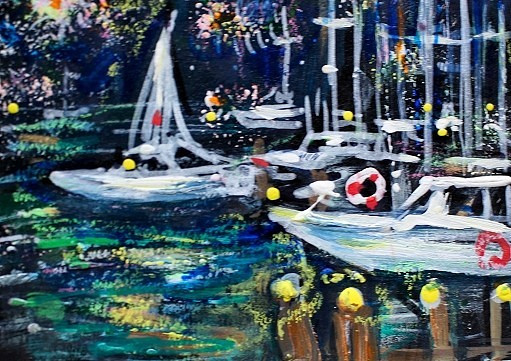 ACEO Original Painting FIREWORKS Summer Pier Marina Ocean Boat Bay Light ATC ART