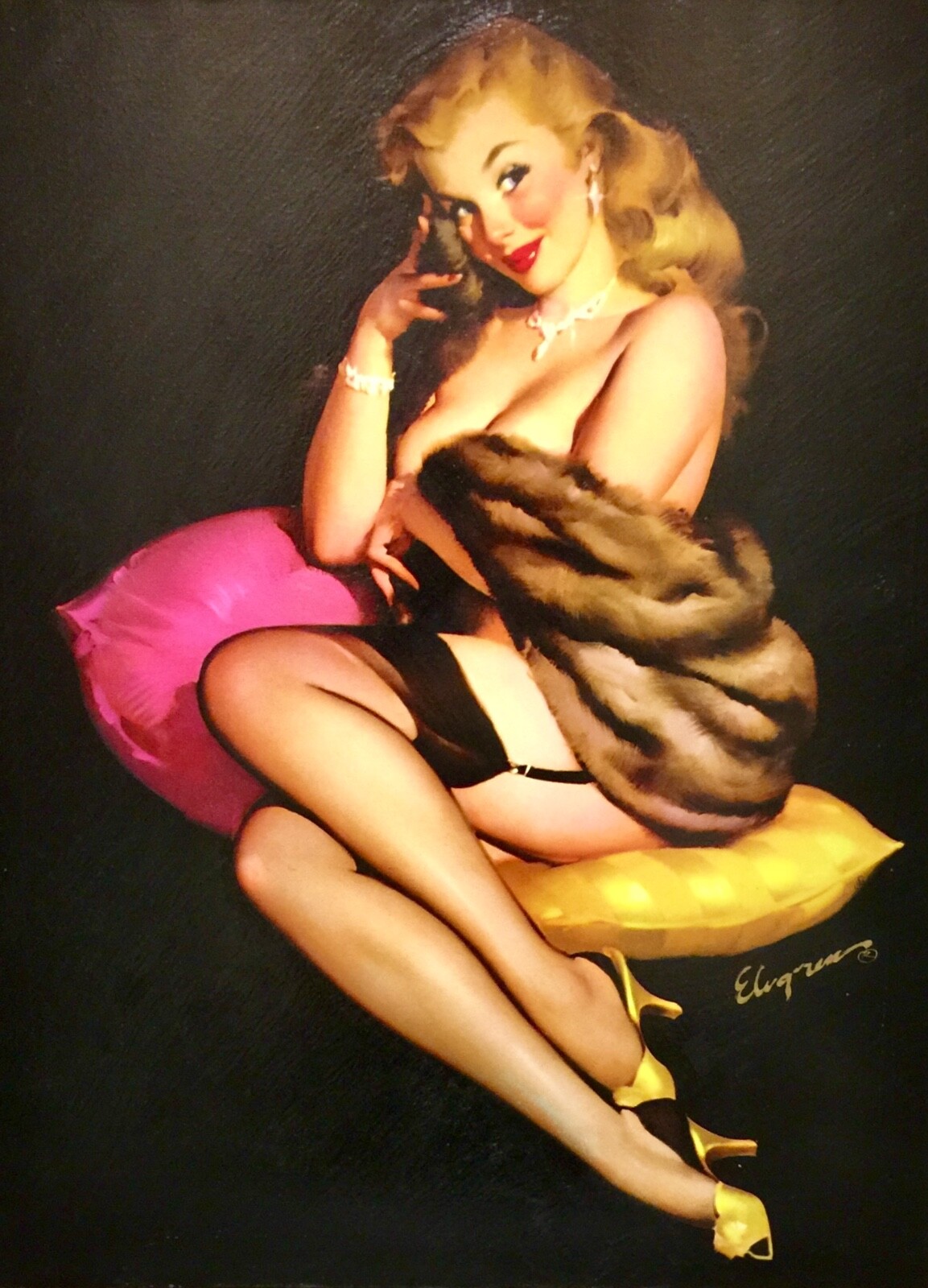 DORIS DAY Pinup Elvgren Original Painting UPSKIRT Pin-Up Stockings AIRPORT 1 of2