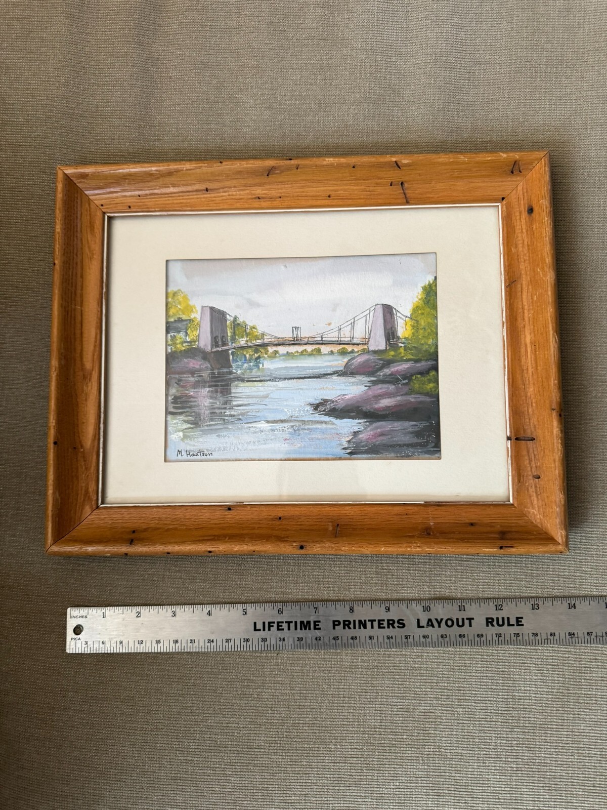 Original Painting Old Chain Bridge by Midred G. Hartson w/ Vintage Frame
