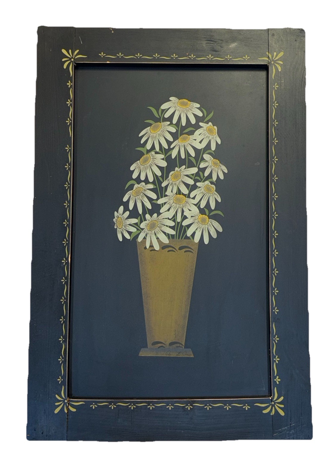 Vintage Daisy Floral Wall Art Black Frame Folk Art Yellow Vase Cottage Decor