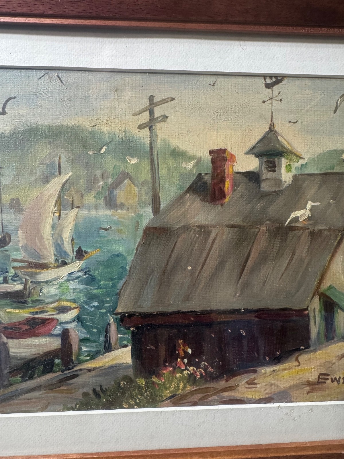 Florence Prince Ewing «Harbor Landscape Scene» Oil Painting – Signed/Framed