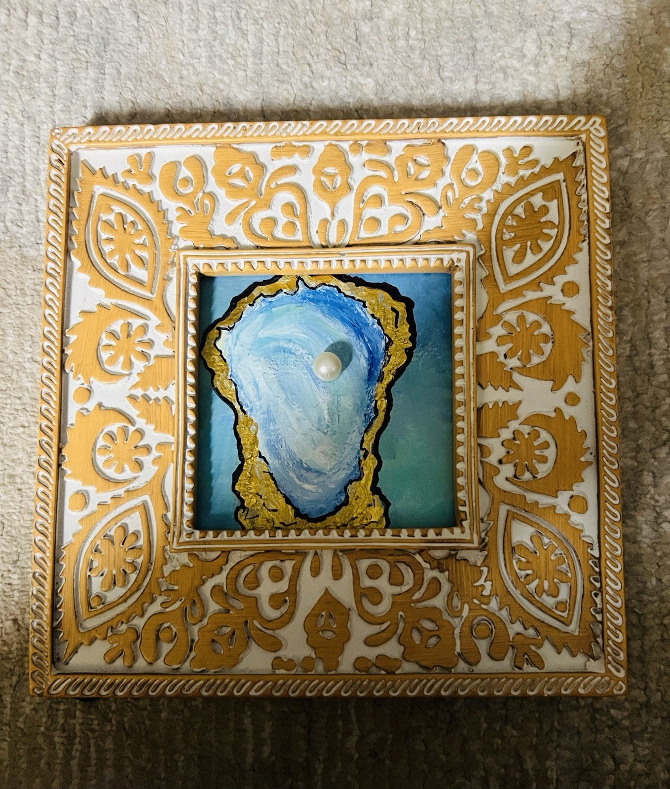 Original Oil Painting Oyster Shell With a Pearl, Presented In a Frame. 