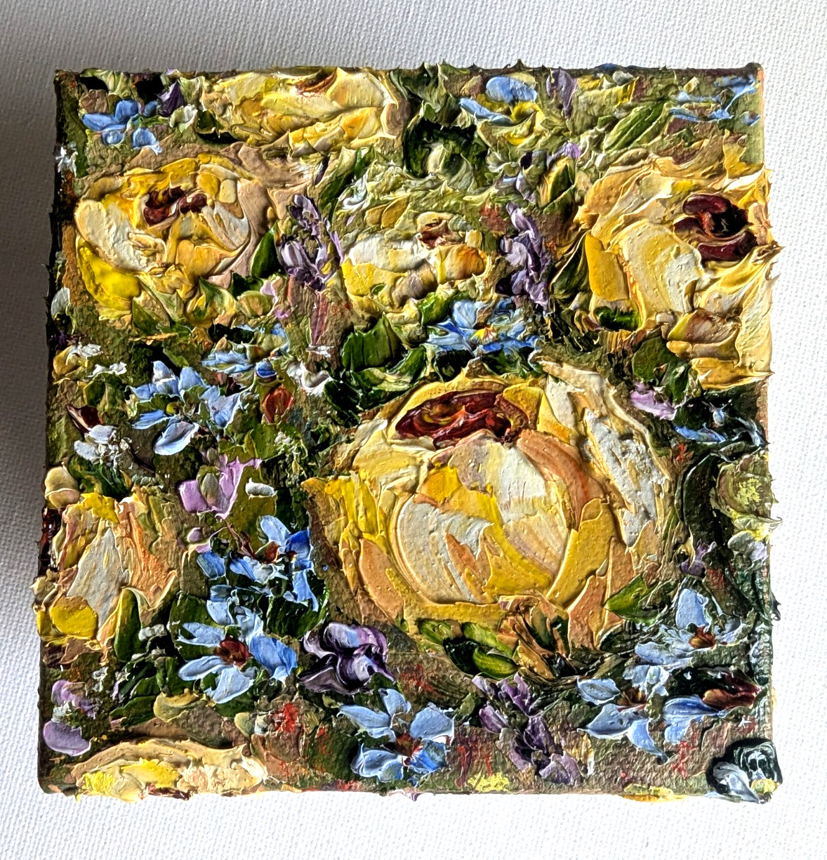 ORIGINAL OIL impasto Painting «Yellow ROSES» 4″X4″ X 1.5″ by Olga Diduh.