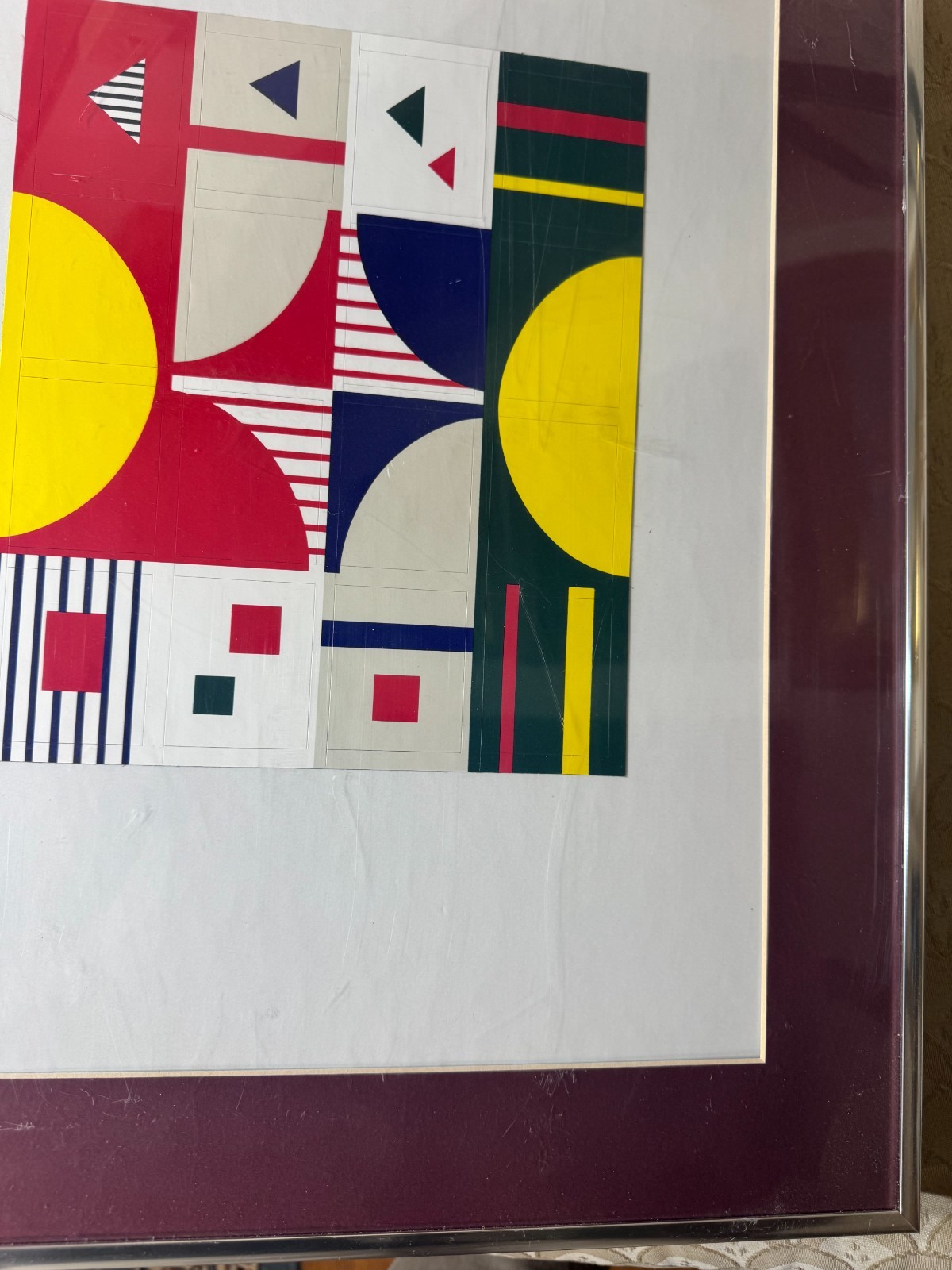 Vintage Geometric Abstract Mixed Media Composition Silver Tone Metal Framed