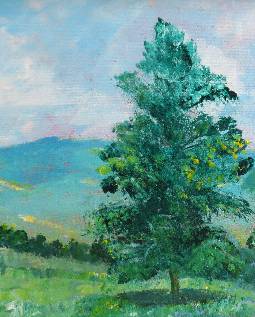 NICE FRAMED OIL ON BOARD LANDSCAPE IN SHADES OF GREEN AND BLUE