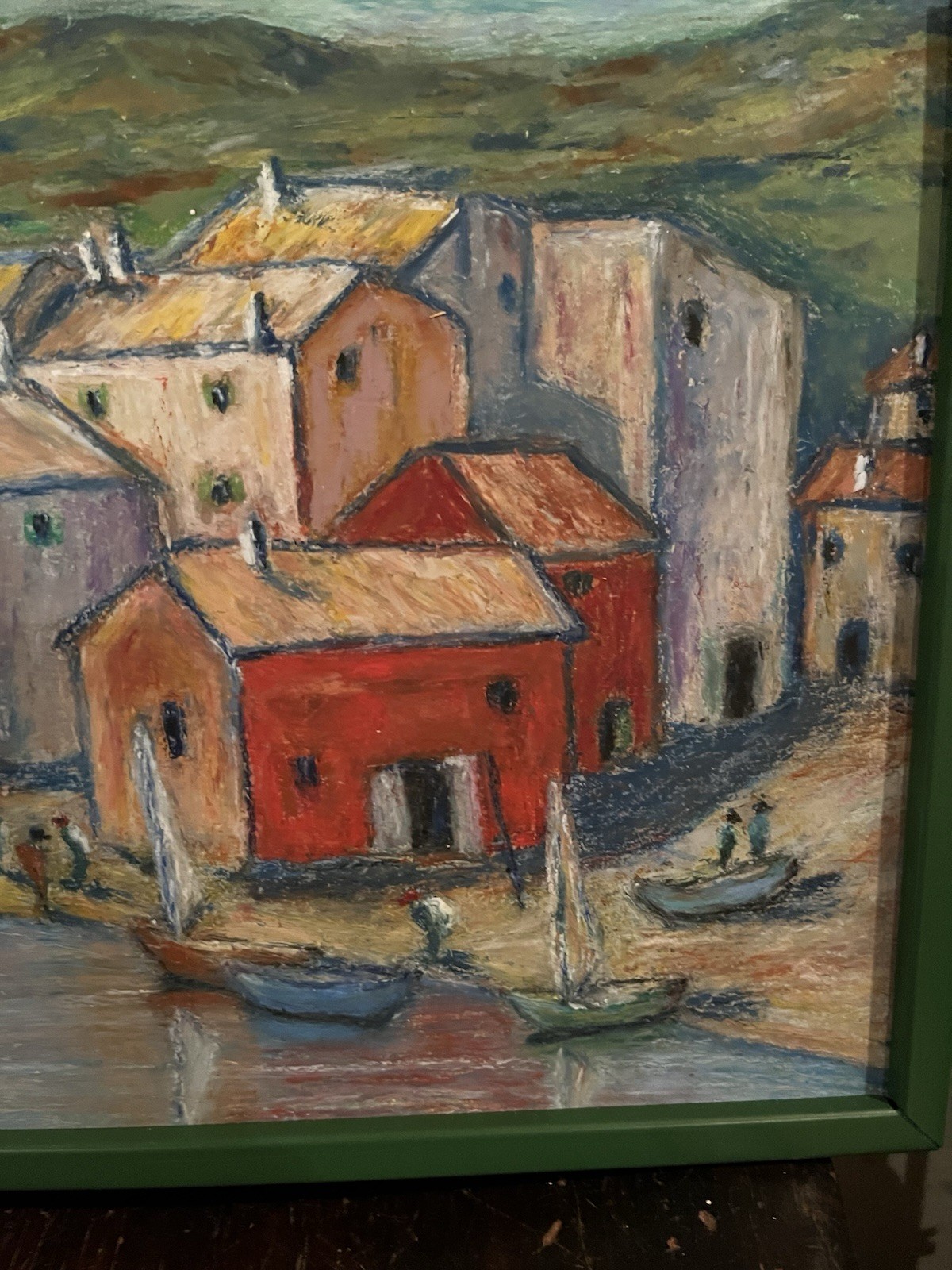 Vintage Original Chalk Drawing -Seaside Village-sailboats-Green Frame-16”x11 3/4